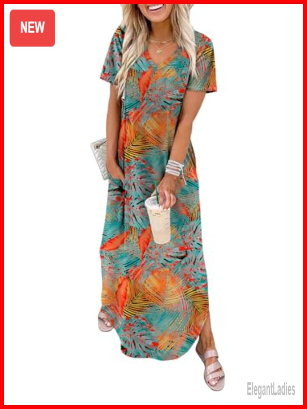 Women's Maxi Dress V-Neck Short Sleeve with Pockets Casual Beach Sundress